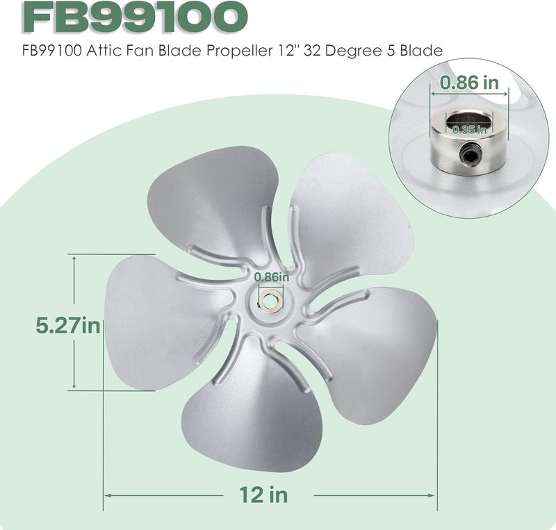 superbobi FB99100 Attic Fan Blade Propeller 12" 32 Degree 5 Blade for 1/2" shaft - Image 2
